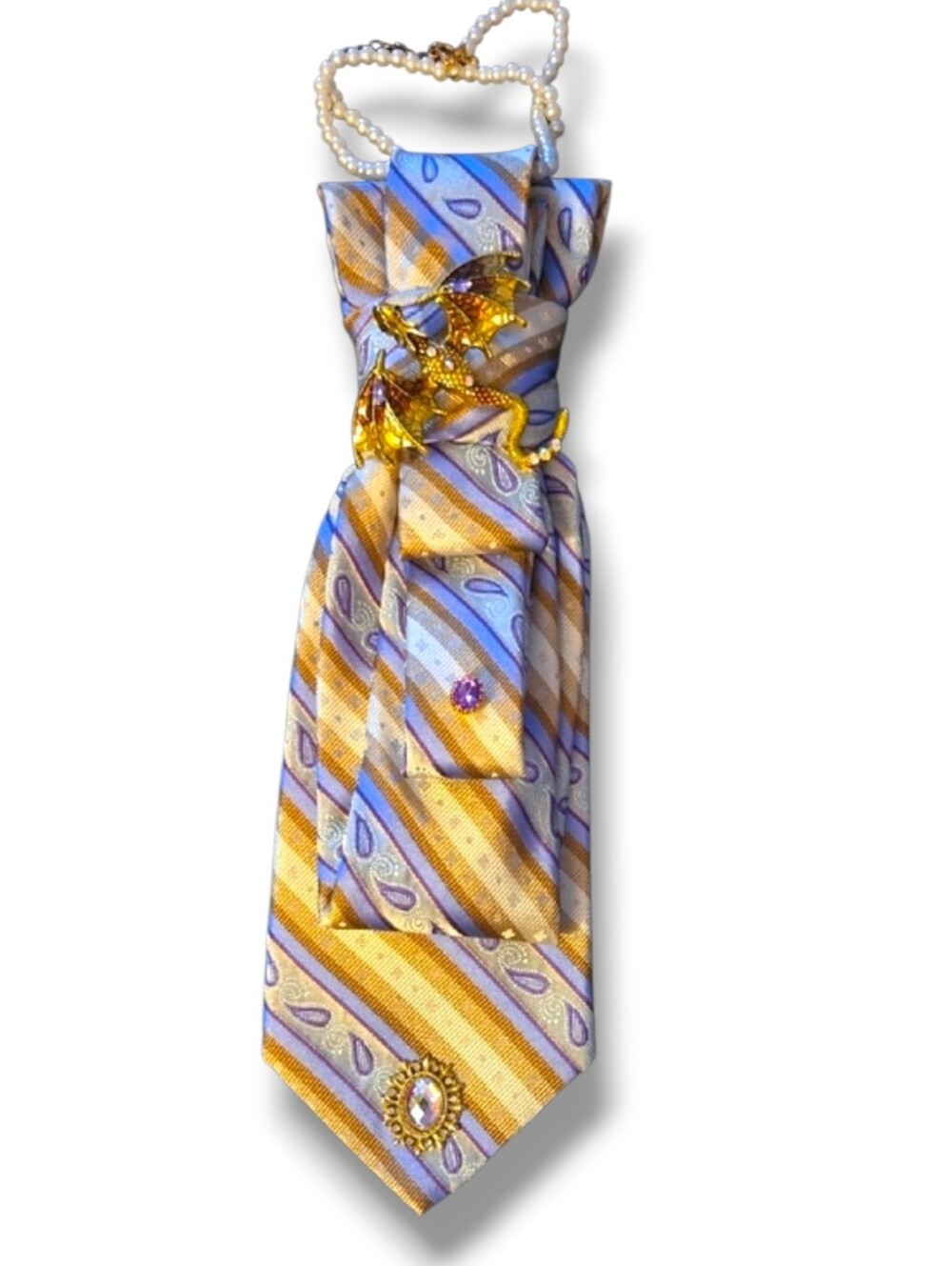 3/$60 Gold and Lavender Striped Cravat with Dragon Brooch And Crystal Detail
